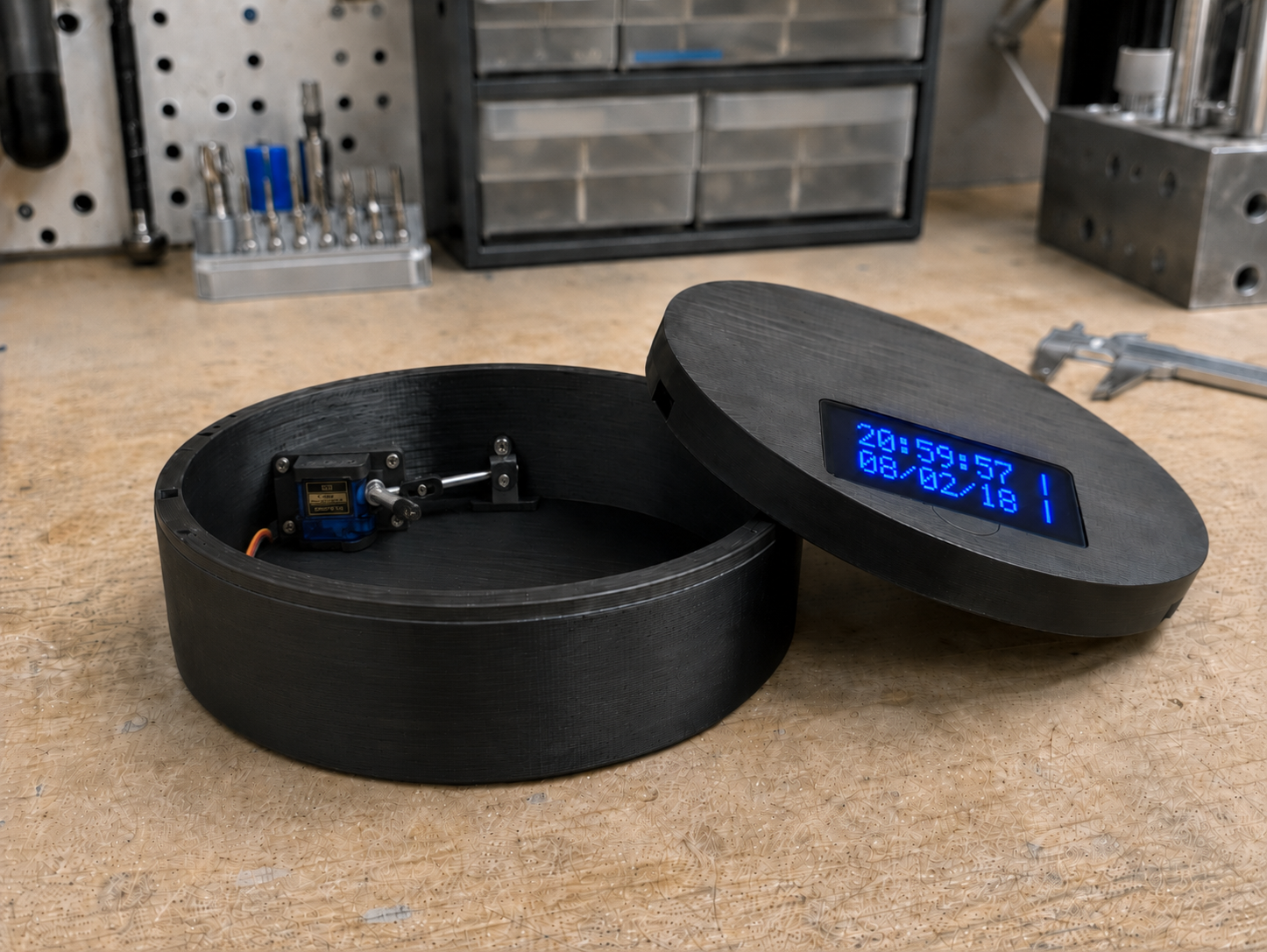 V1 L1 Lockbox open on workbench with Scotch yoke and LCD lid