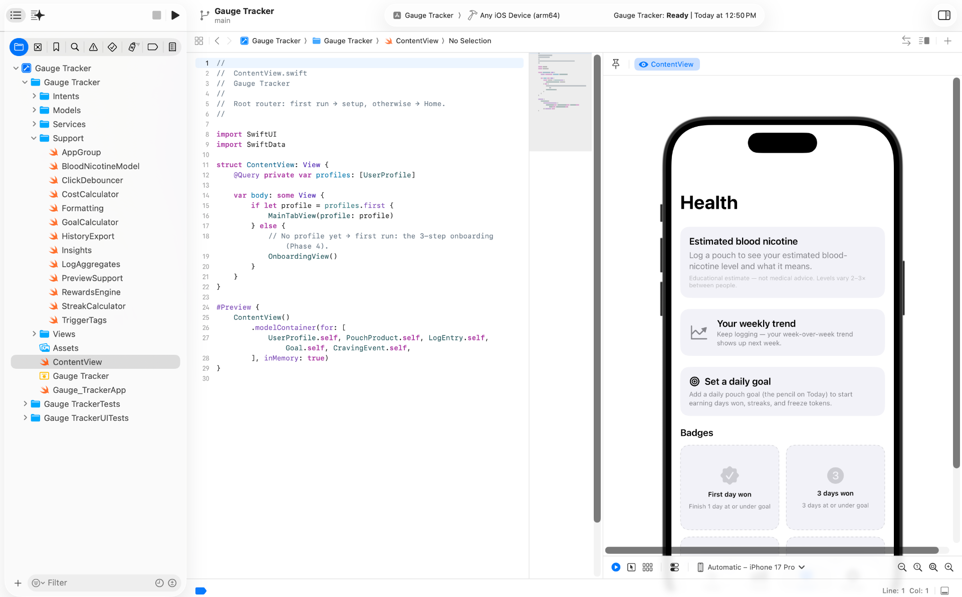 Gauge Tracker iOS app in Xcode preview