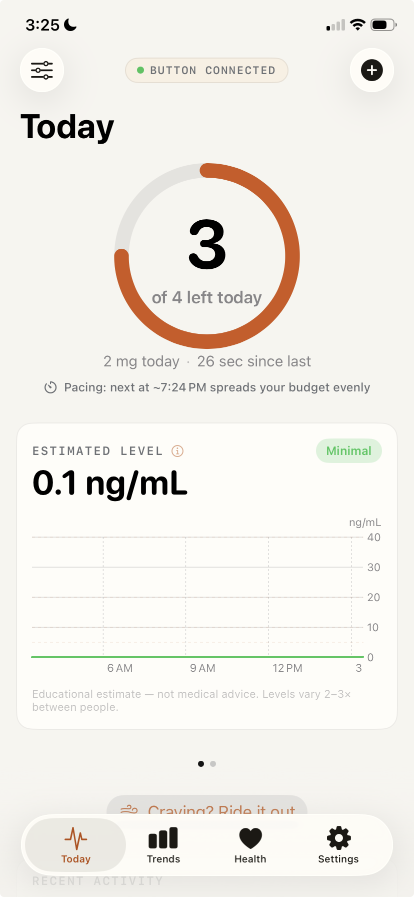 Gauge iOS app showing daily pouch tracking